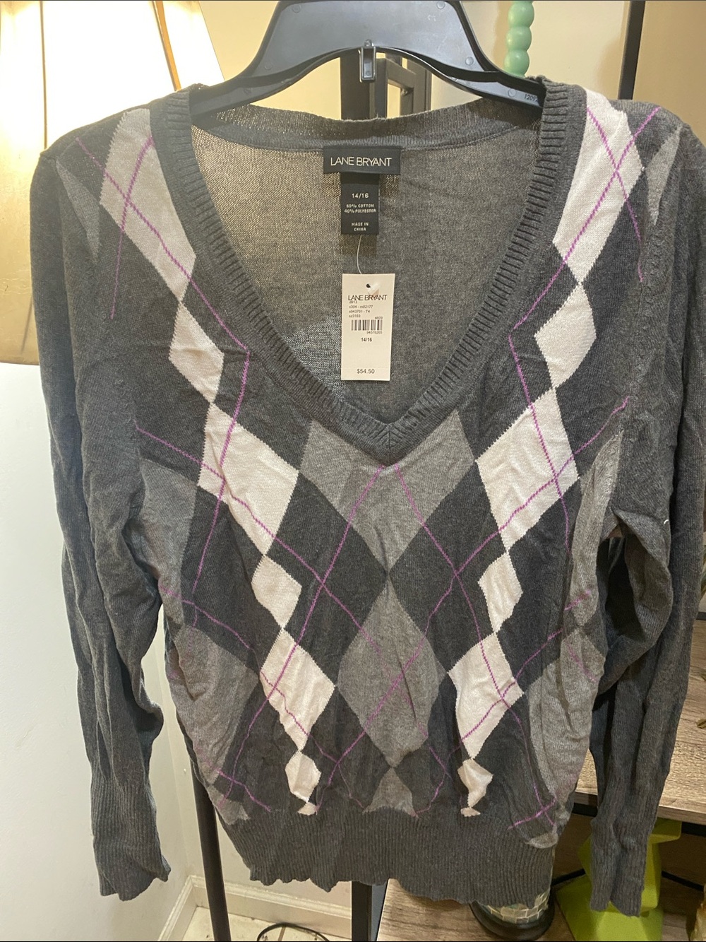 Lane Bryant Gray Argyle V-Neck Sweater with Pink Trim